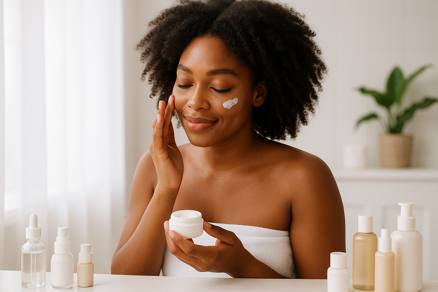 donkere vrouw met krullend haar die bezig is met haar verzorging